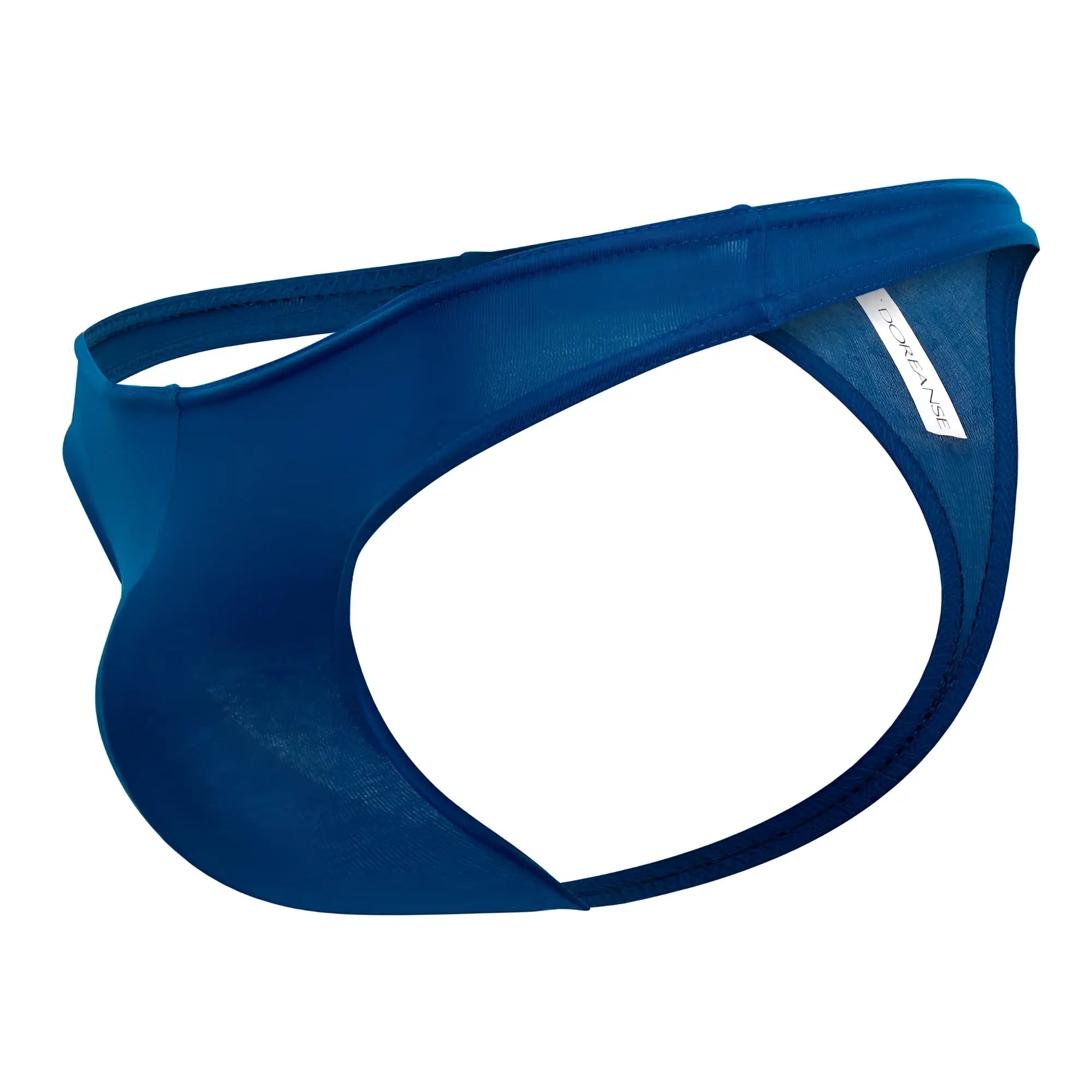 A sleek solid blue doreanse 1280-BLU hang-loose thong made of smooth stretchy fabric with a small white brand tag