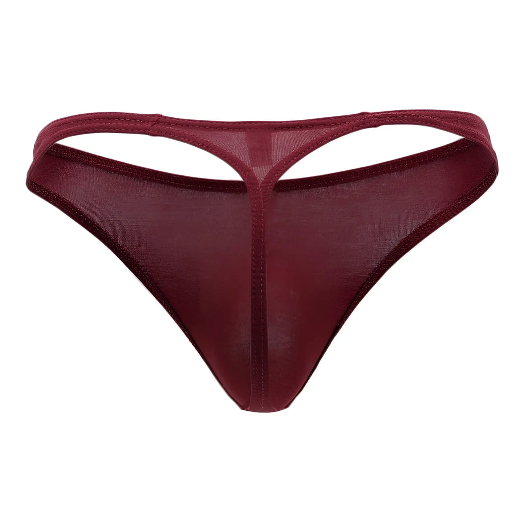 A sheer maroon Doreanse 1280-BRD hang-loose thong with a smooth glossy finish and delicate edge stitching