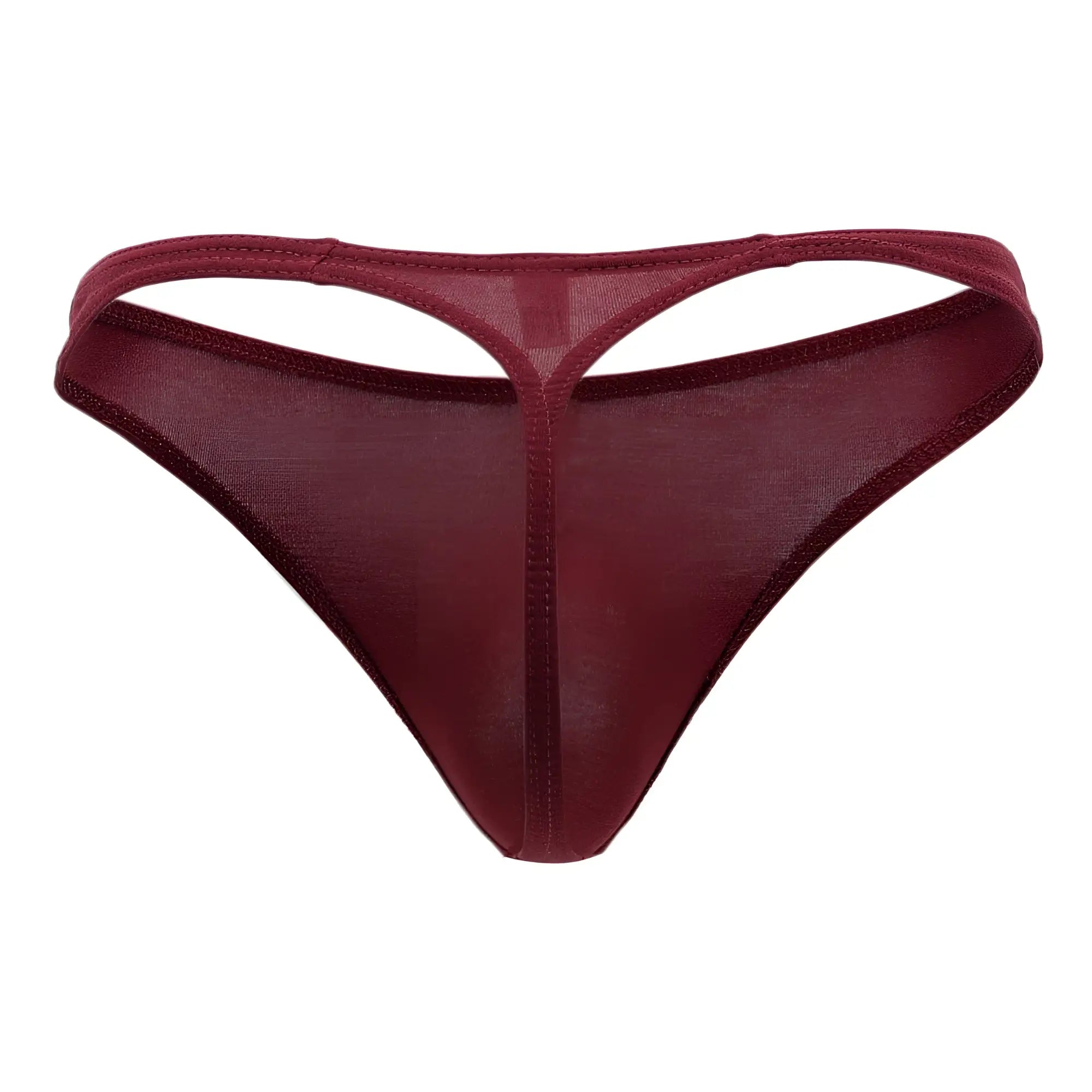 A sheer maroon Doreanse 1280-BRD hang-loose thong with a smooth glossy finish and delicate edge stitching