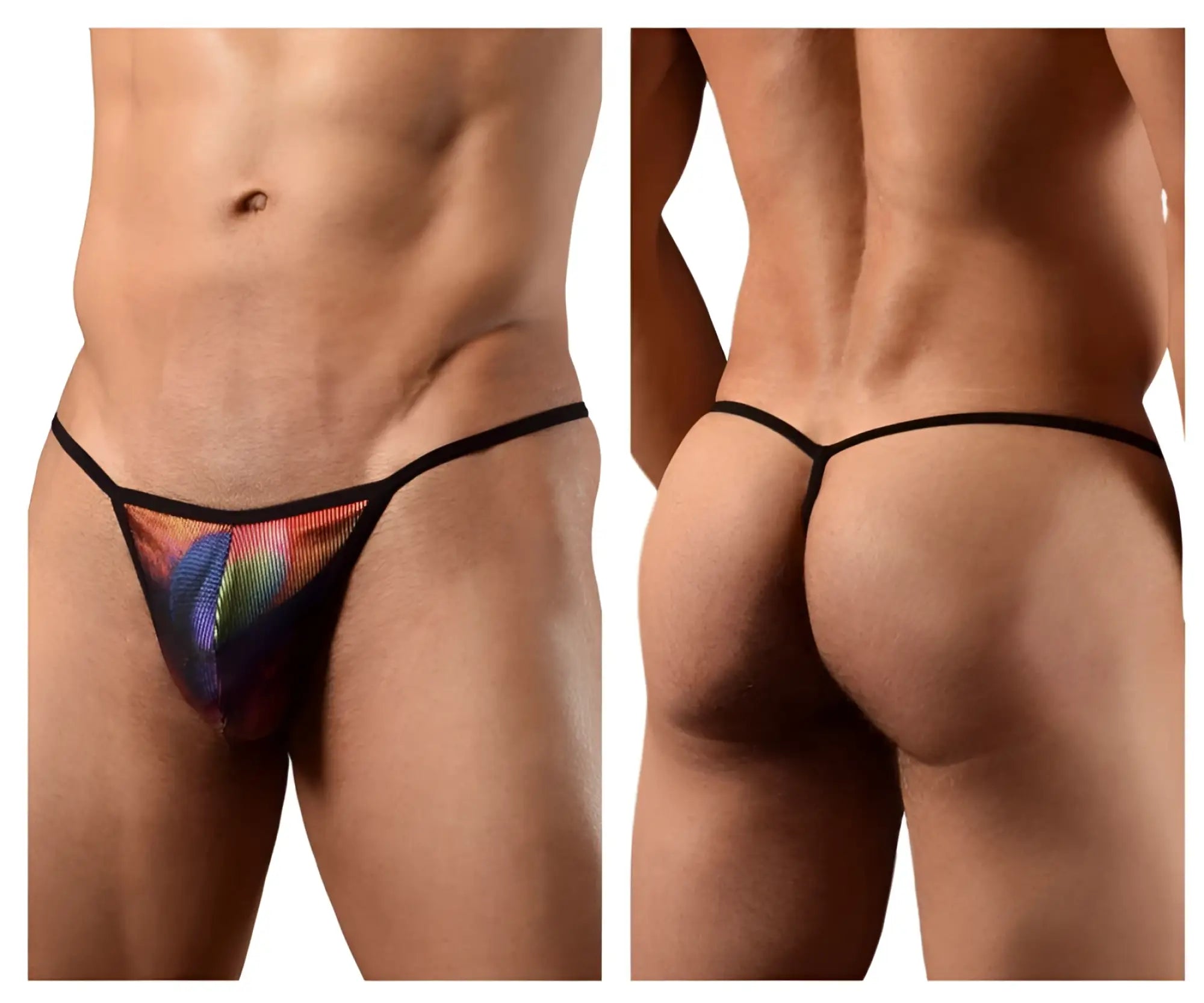 Doreanse 1300 phx disco thong rainbow patterned mesh with black trim for vibrant festival wear
