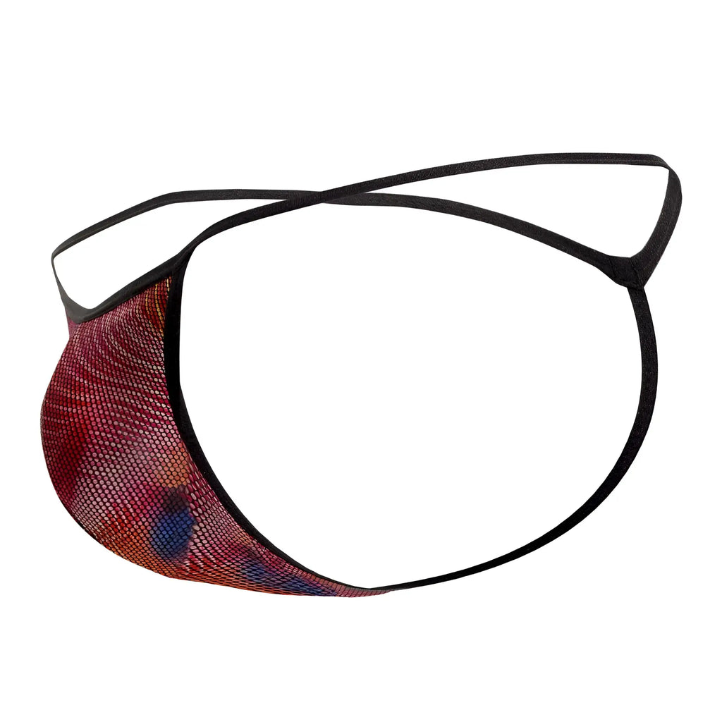 Doreanse 1300-phx disco thongs color phoenix red and blue mesh men’s thong with black elastic straps shown from the back