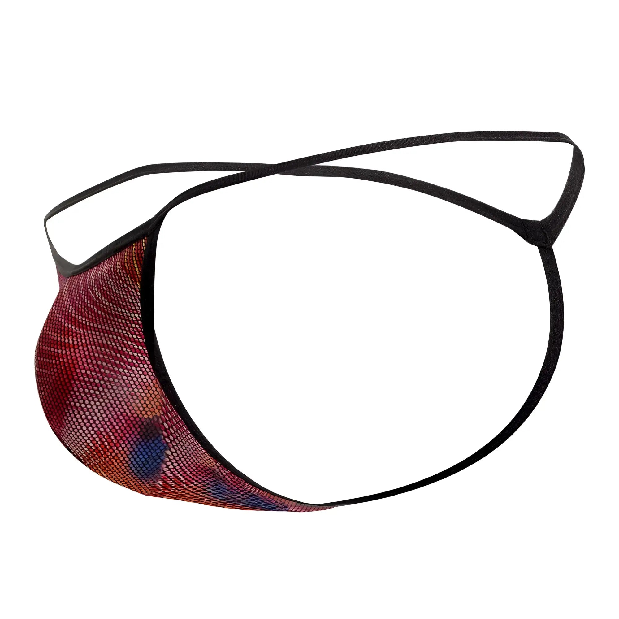 Doreanse 1300-phx disco thongs color phoenix red and blue mesh men’s thong with black elastic straps shown from the back