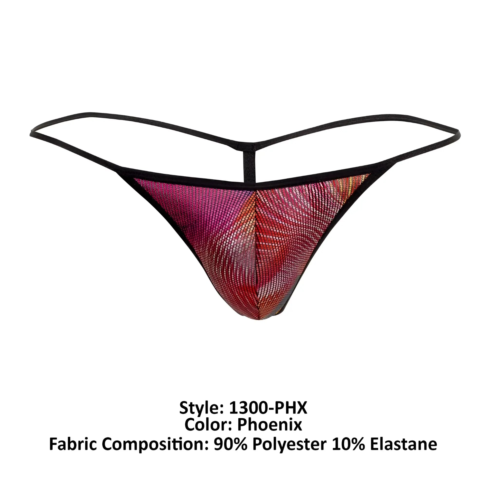 Doreanse 1300-PHX disco thong with shimmering phoenix design in pink and red polyester with elastic for comfort