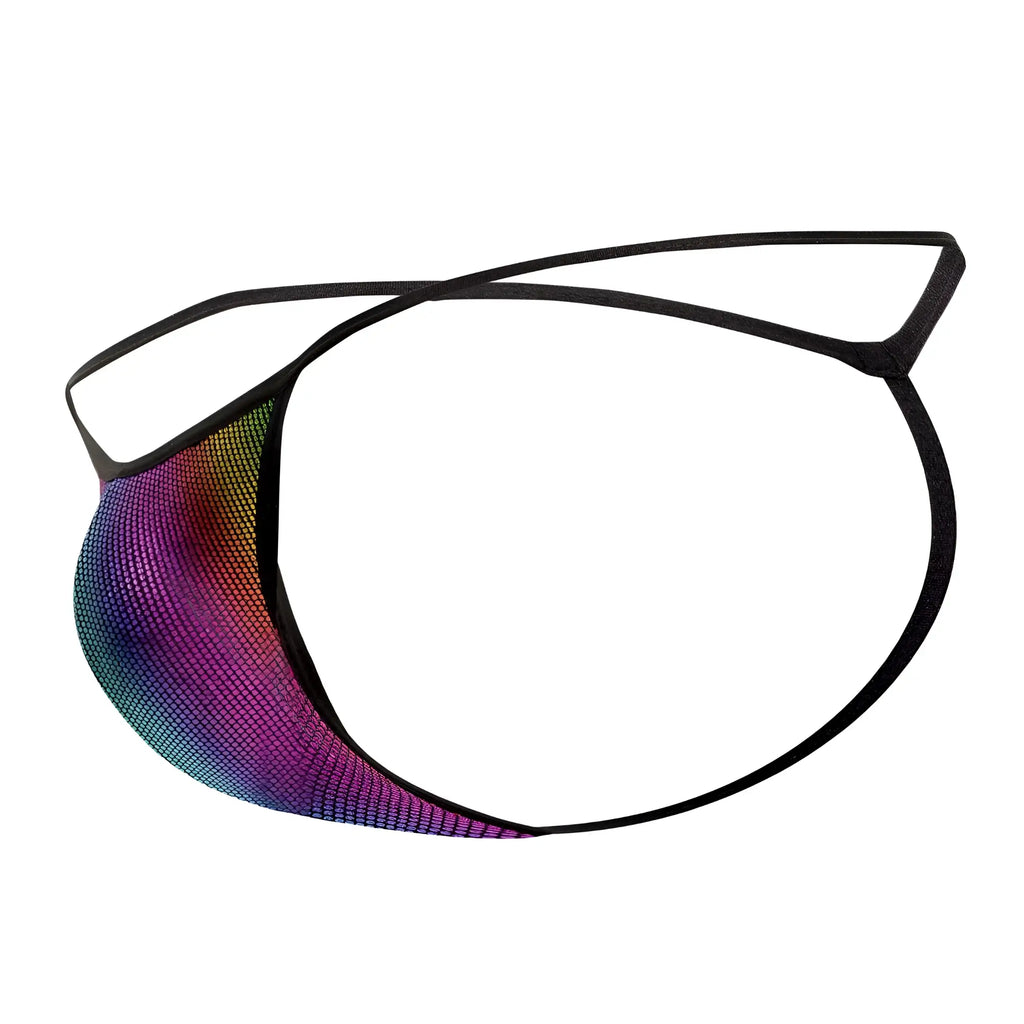 Doreanse 1300-RBW disco thongs rainbow gradient mesh men’s thong with black elastic straps front view