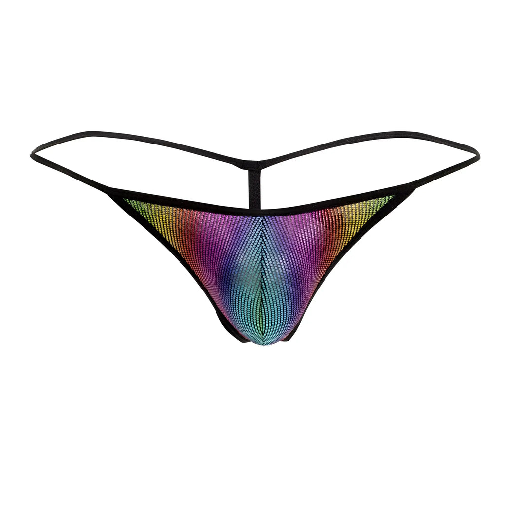 Rainbow sequined Doreanse 1300-RBW disco thong with black elastic straps shown from the back side