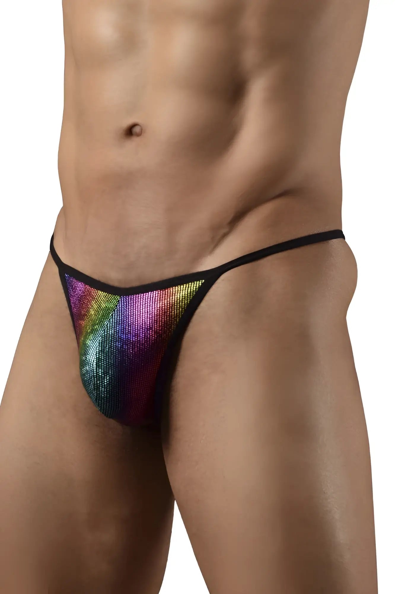 Doreanse 1300-RBW disco thong with rainbow sequin and black elastic trim showing front view