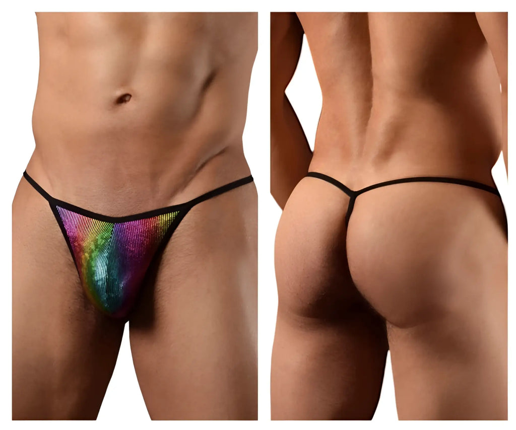 Doreanse 1300-rbw disco thong with rainbow sequins and black trim designed for bold dancewear style