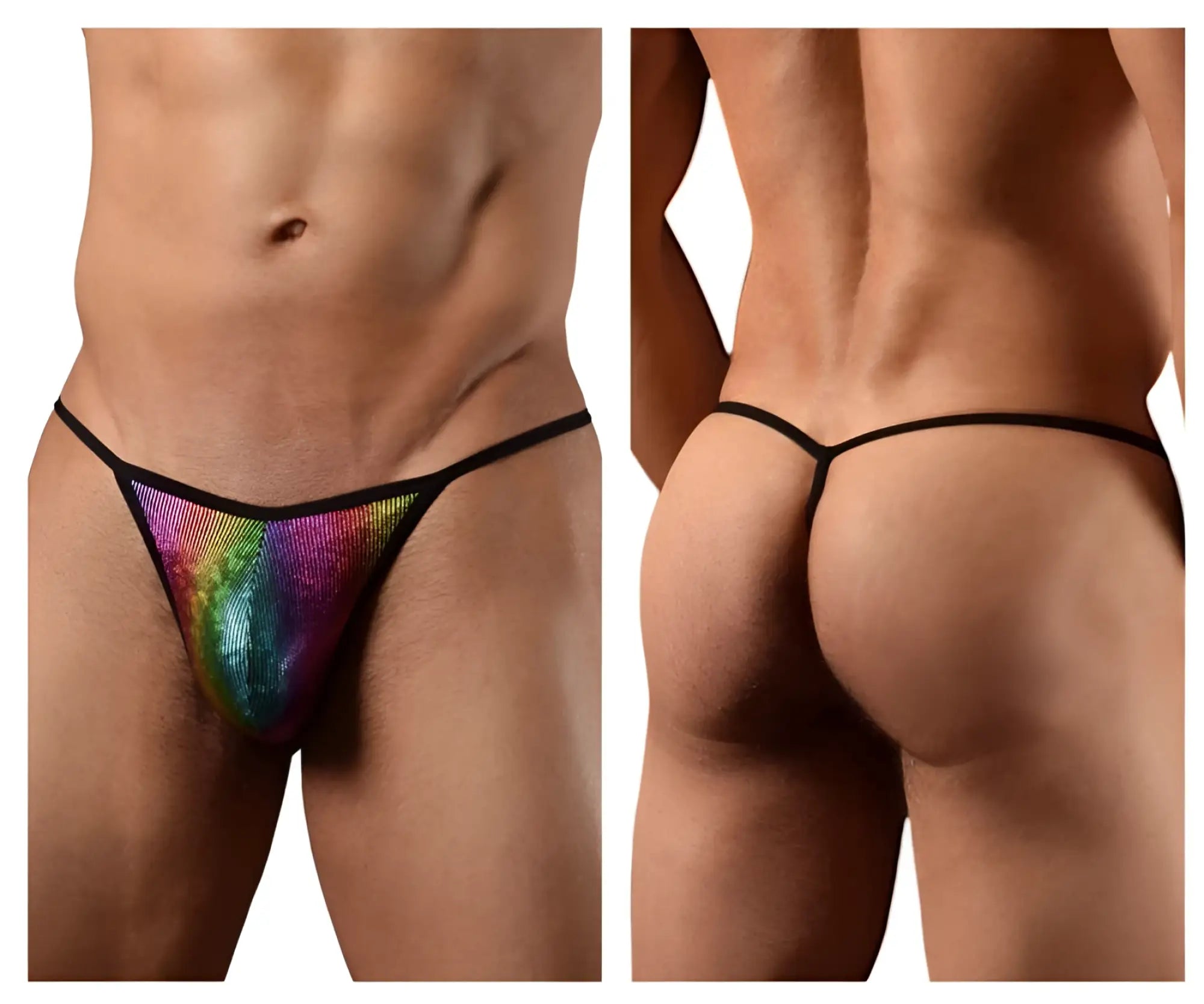 Doreanse 1300-rbw disco thong with rainbow sequins and black trim designed for bold dancewear style