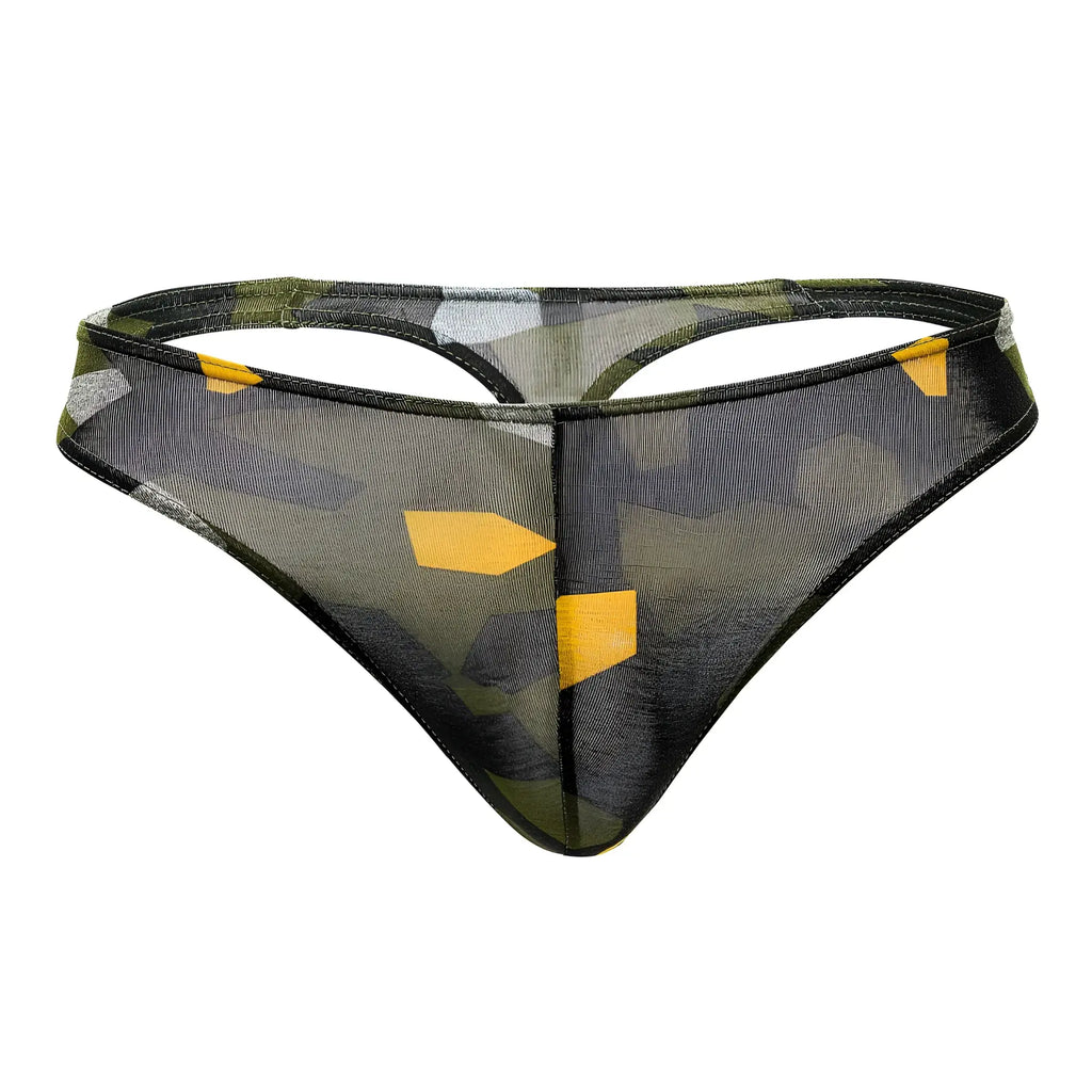 Doreanse 1303-PRN Camosaic thong in black and olive green camouflage mesh with yellow geometric accents front view