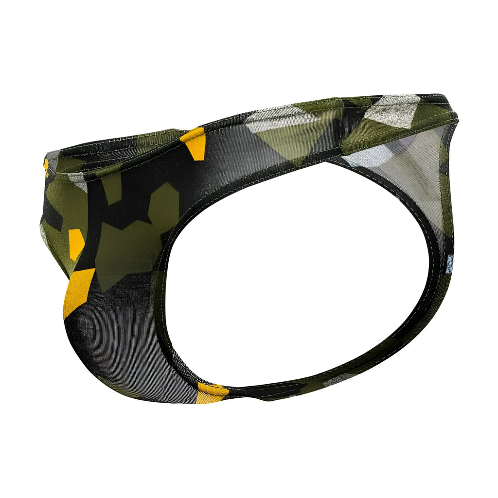 A men’s Doreanse 1303-PRN Camosaic thong in olive green with black and yellow geometric camouflage pattern