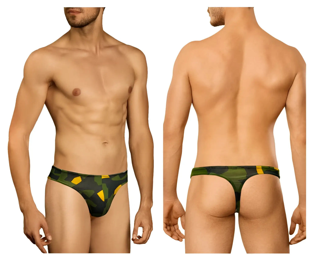 Men’s doreanse 1303-prn camosaic thong briefs in green and yellow camouflage pattern for comfortable daily wear