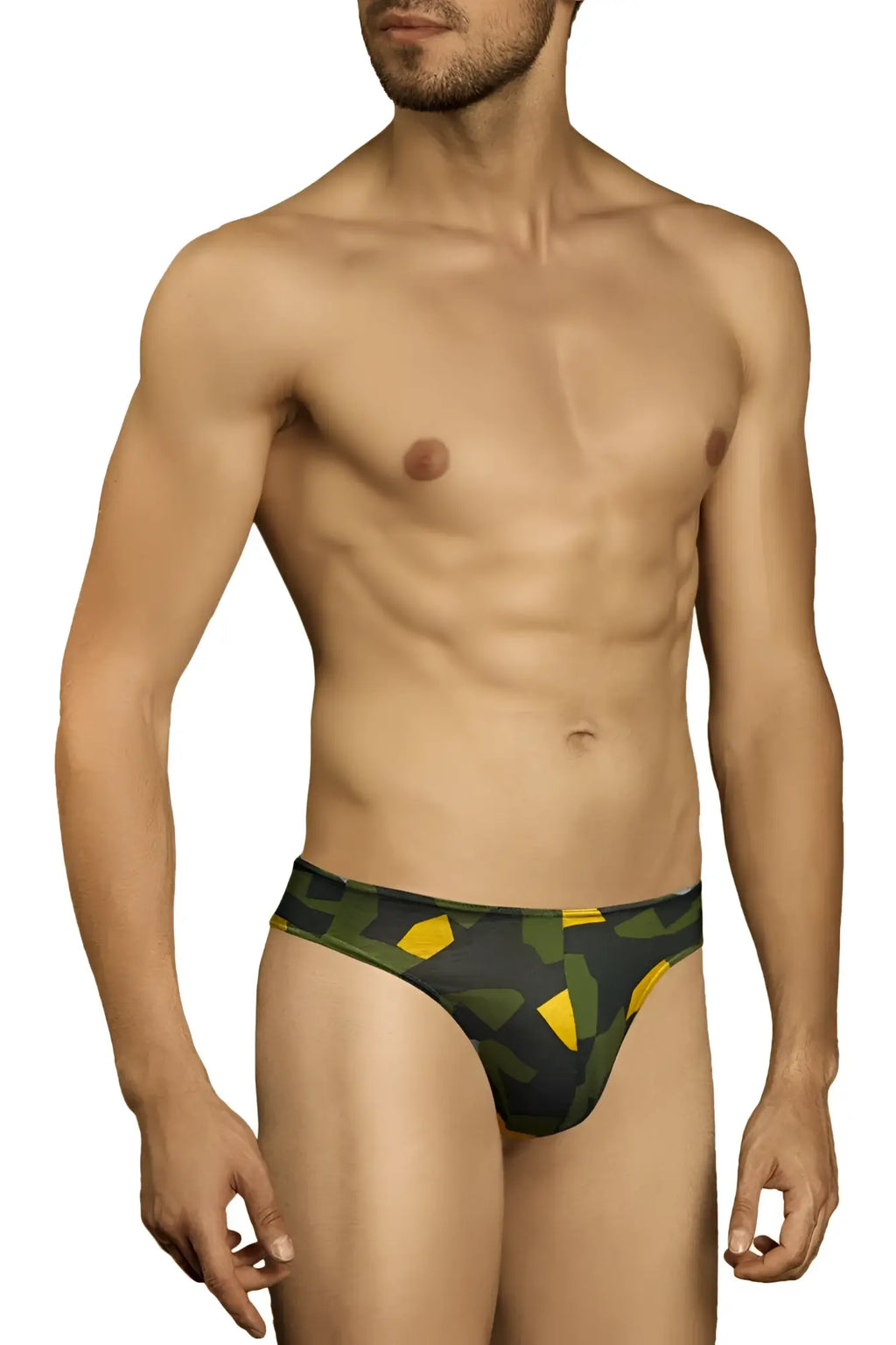 Men’s doreanse 1303-prn camosaic thong swim trunks in green and yellow camouflage pattern for beachwear