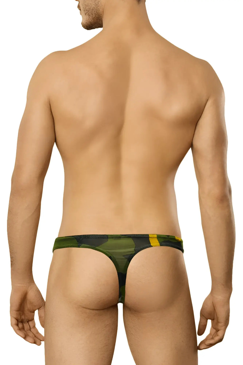 Doreanse 1303-PRN Camosaic thong in green with yellow camouflage pattern made from soft breathable fabric