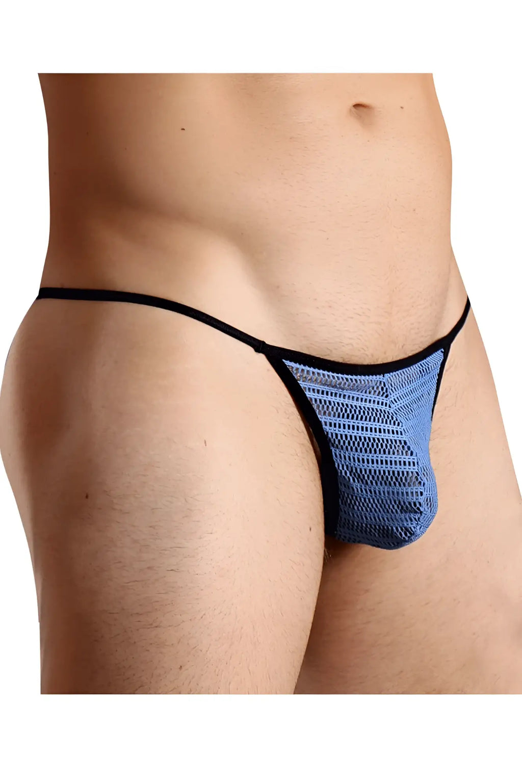 Doreanse 1306-blu mesh g-string thong in blue with black trim showing front side detailed mesh design