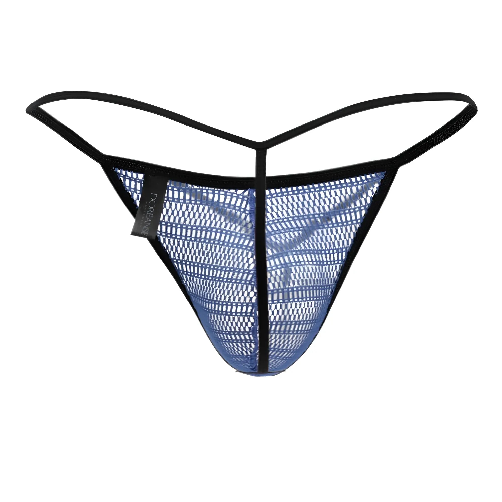 Blue mesh g-string thong with black trim and doreanse brand tag in blue color showing front view