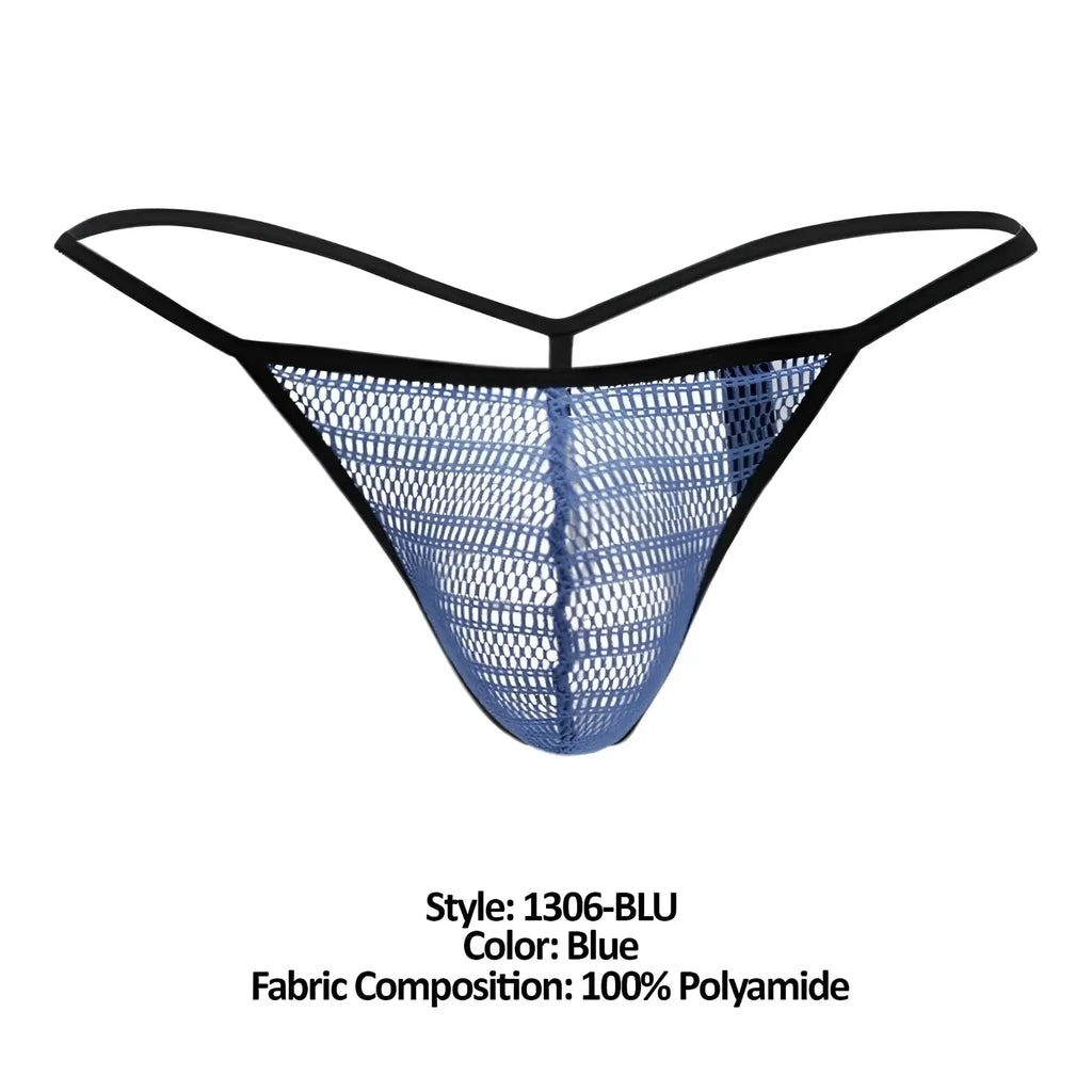 Doreanse 1306-blu mesh g-string thong in blue with black trim showing front side details
