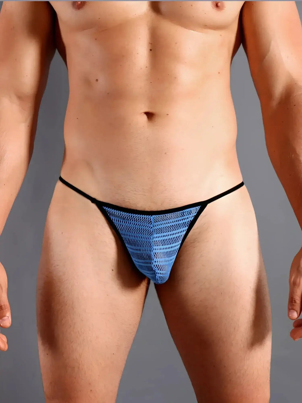 Blue doreanse 1306-blu mesh g-string thong with black trim showing front side of underwear