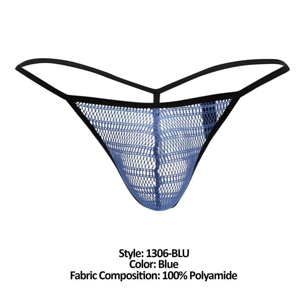 Doreanse 1306-blu mesh g-string thong in blue with black trim showing front side details