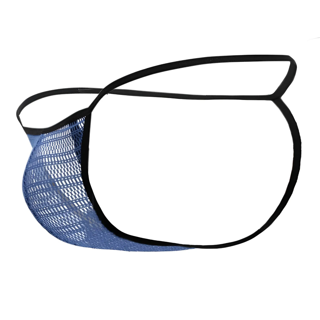 Blue mesh men’s thong g-string with black elastic trim by doreanse model 1306-biu showing front view