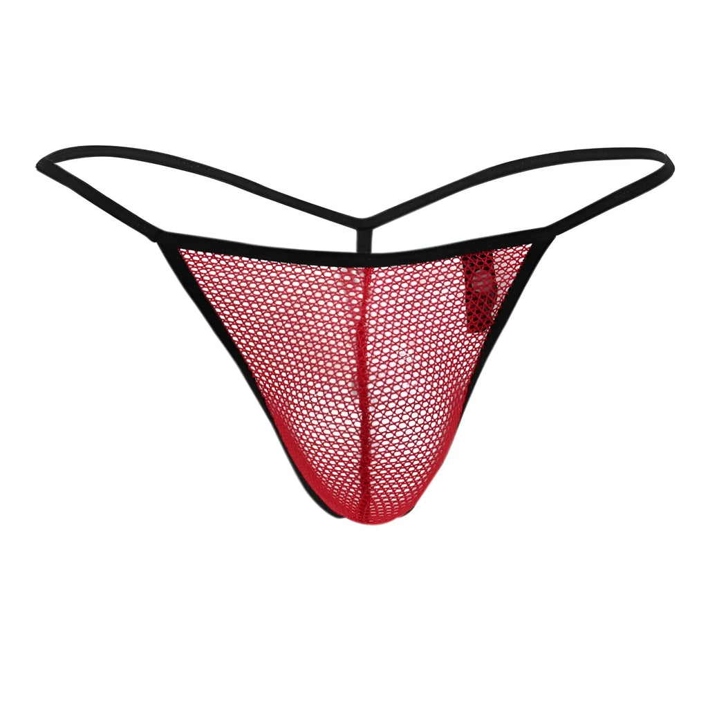 Doreanse 1306-red mesh g-string thong in red with black elastic trim showing front side details