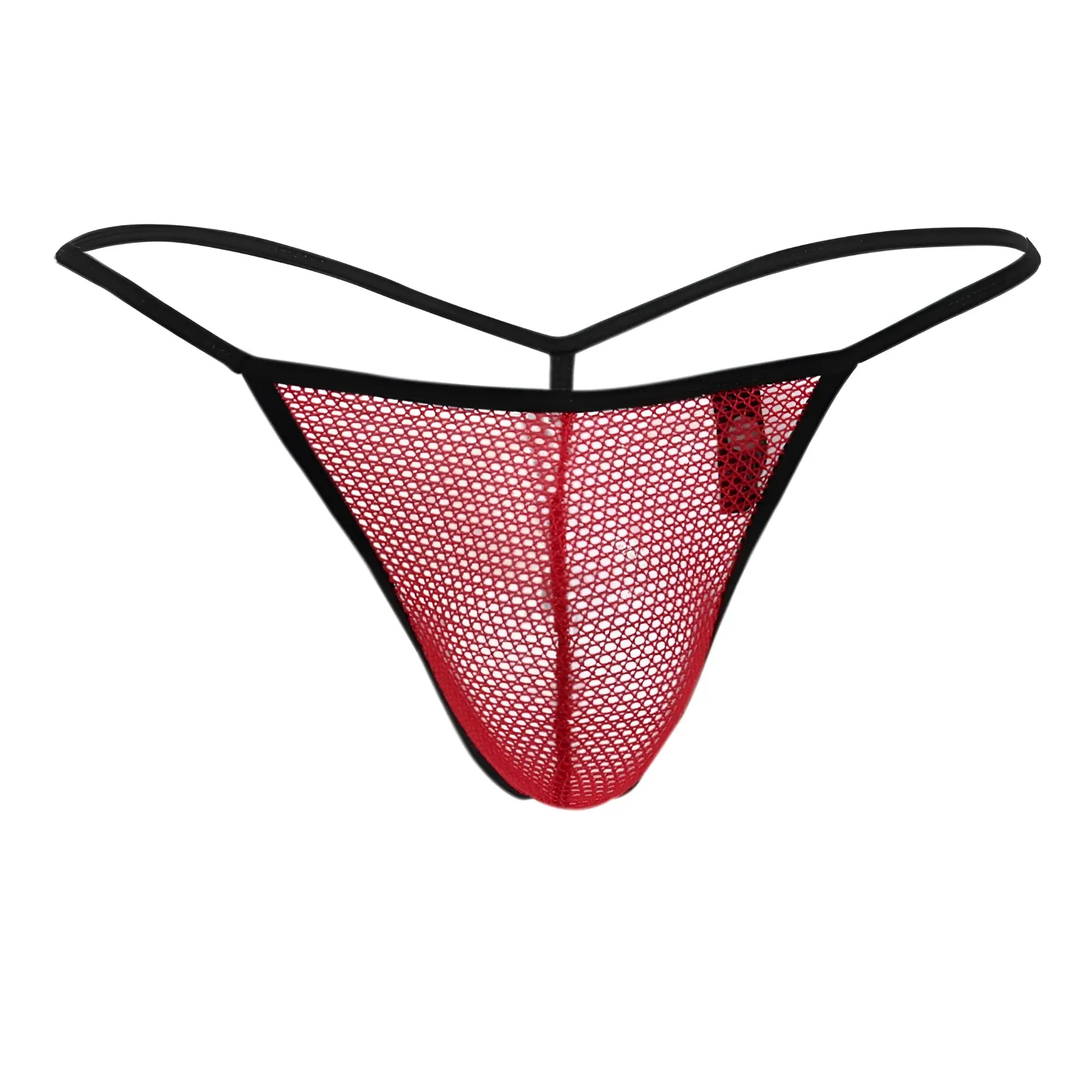 Doreanse 1306-red mesh g-string thong in red with black elastic trim showing front side details