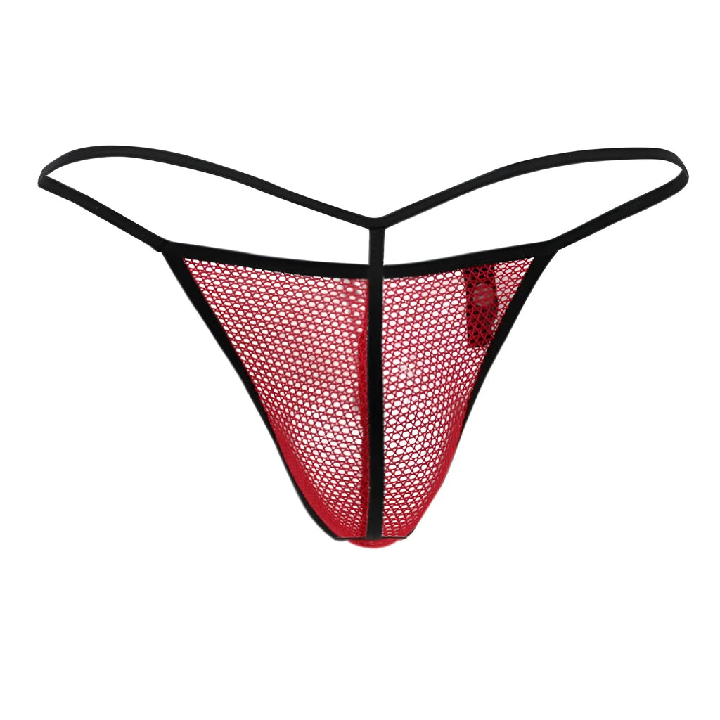 Doreanse 1306-red mesh g-string thong in red with black trim showcasing the front side of the product