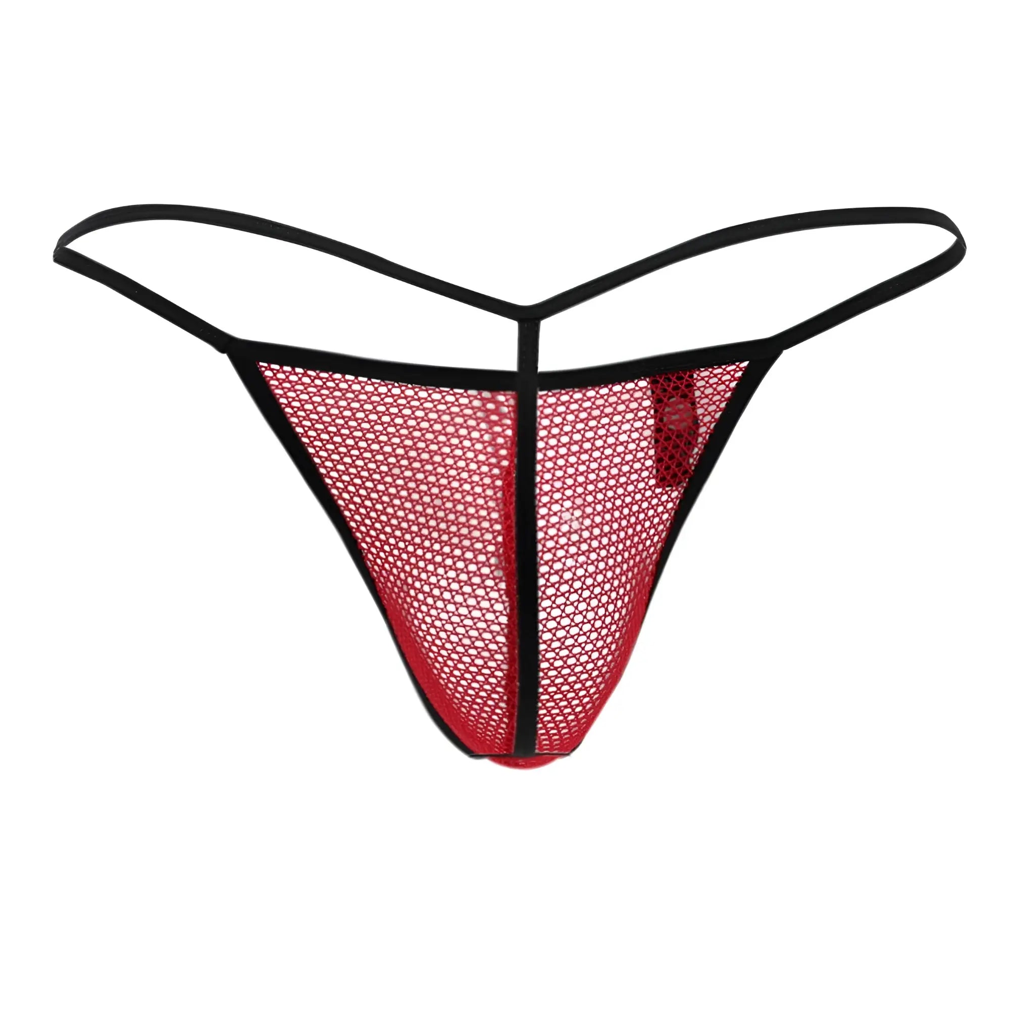 Doreanse 1306-red mesh g-string thong in red with black trim showcasing the front side of the product