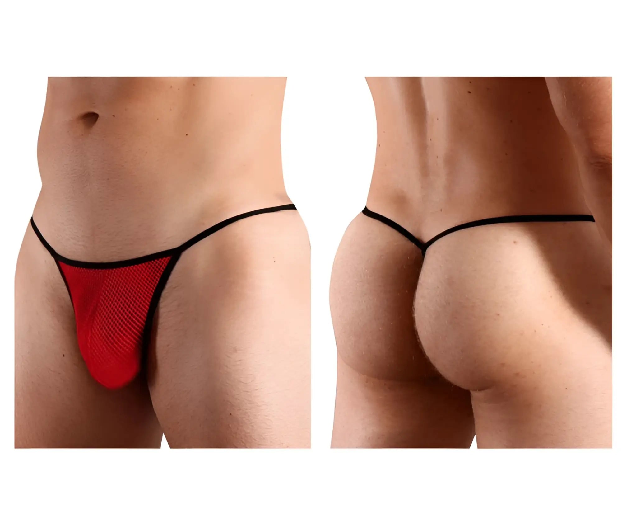 Red mesh g-string thong with black trim by doreanse in red color showing front side design and material details