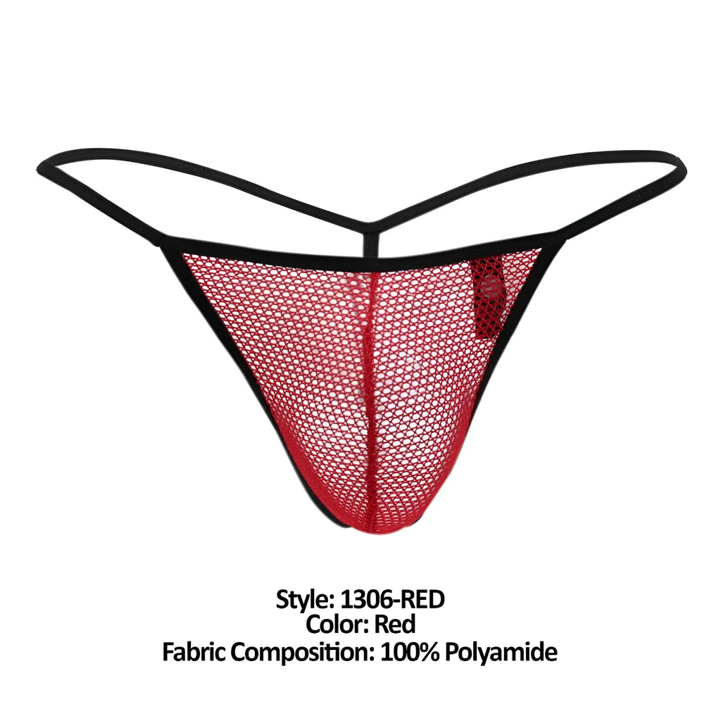 Doreanse 1306-red mesh g-string thong in red with black trim showing the front side of the underwear
