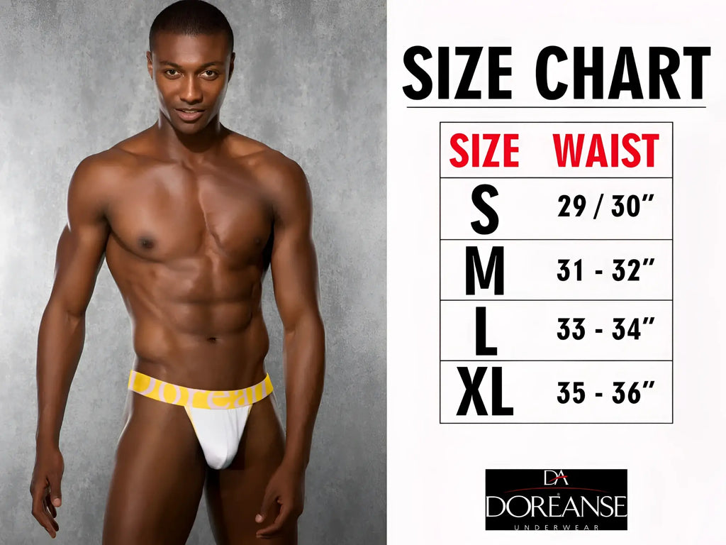 White briefs with bright yellow elastic waistband featuring doréanse brand name in bold black lettering