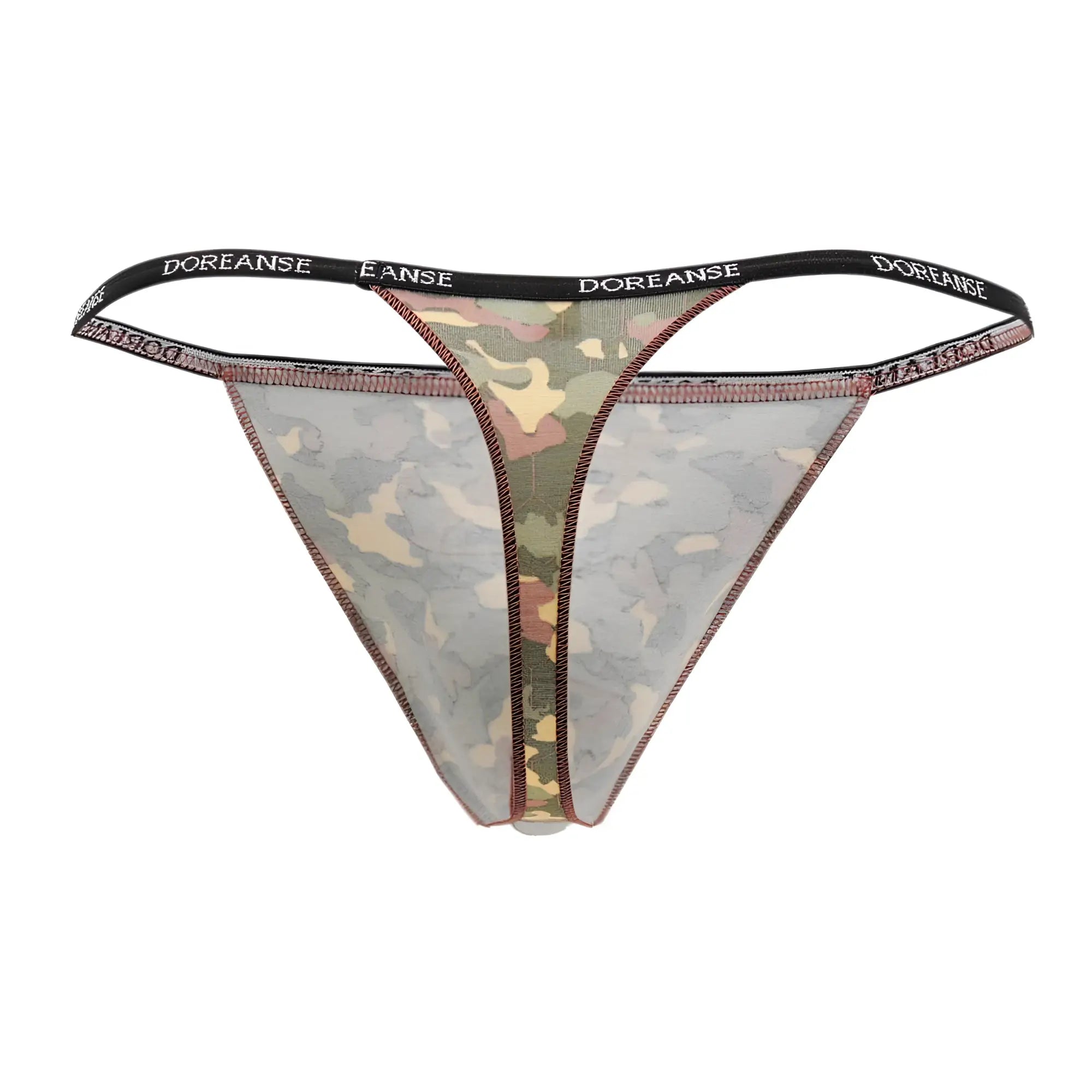 Doreanse 1312-PRN camouflage thong in green beige and brown sheer fabric featuring a printed camouflage pattern