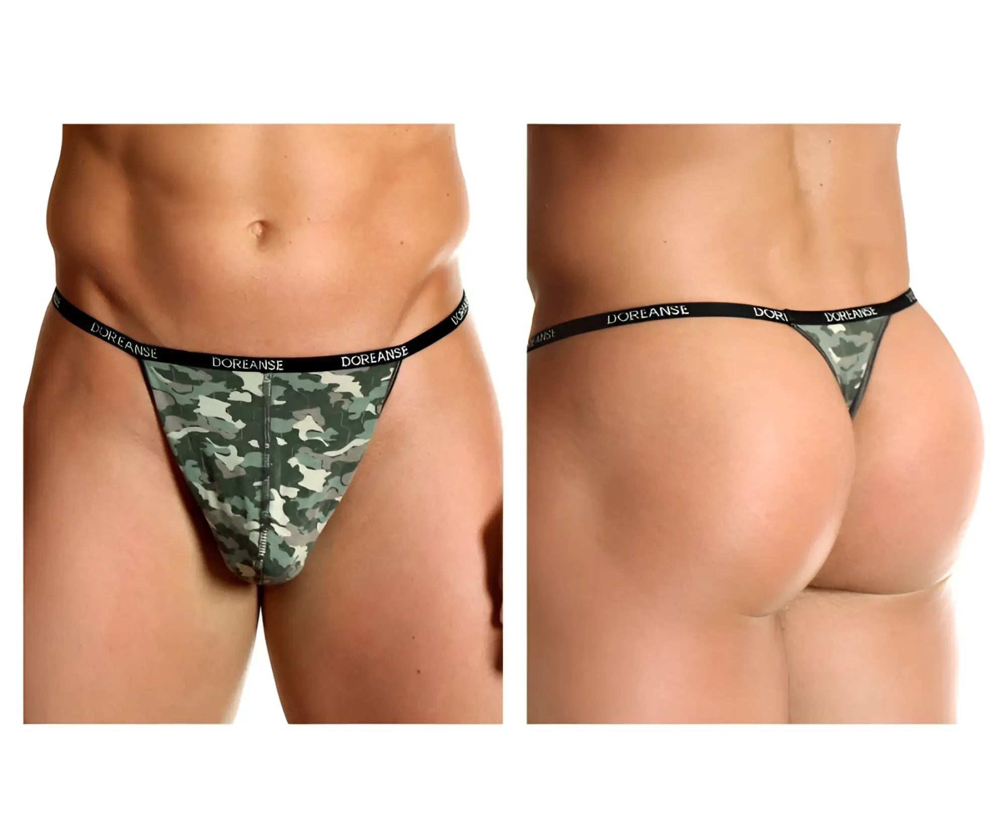 Green and black camouflage patterned doreanse 1312-prn thong with black elastic waistband shown from the back side