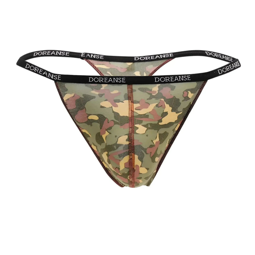 Doreanse 1312-PRN camouflage thong in green brown and beige tones featuring a printed pattern shown from the back