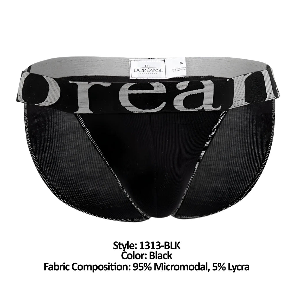 Black men’s briefs doreanse 1313-blk ribbed micromodal bikini with gray waistband and doreanse logo made of 95% micromodal 5% lycra