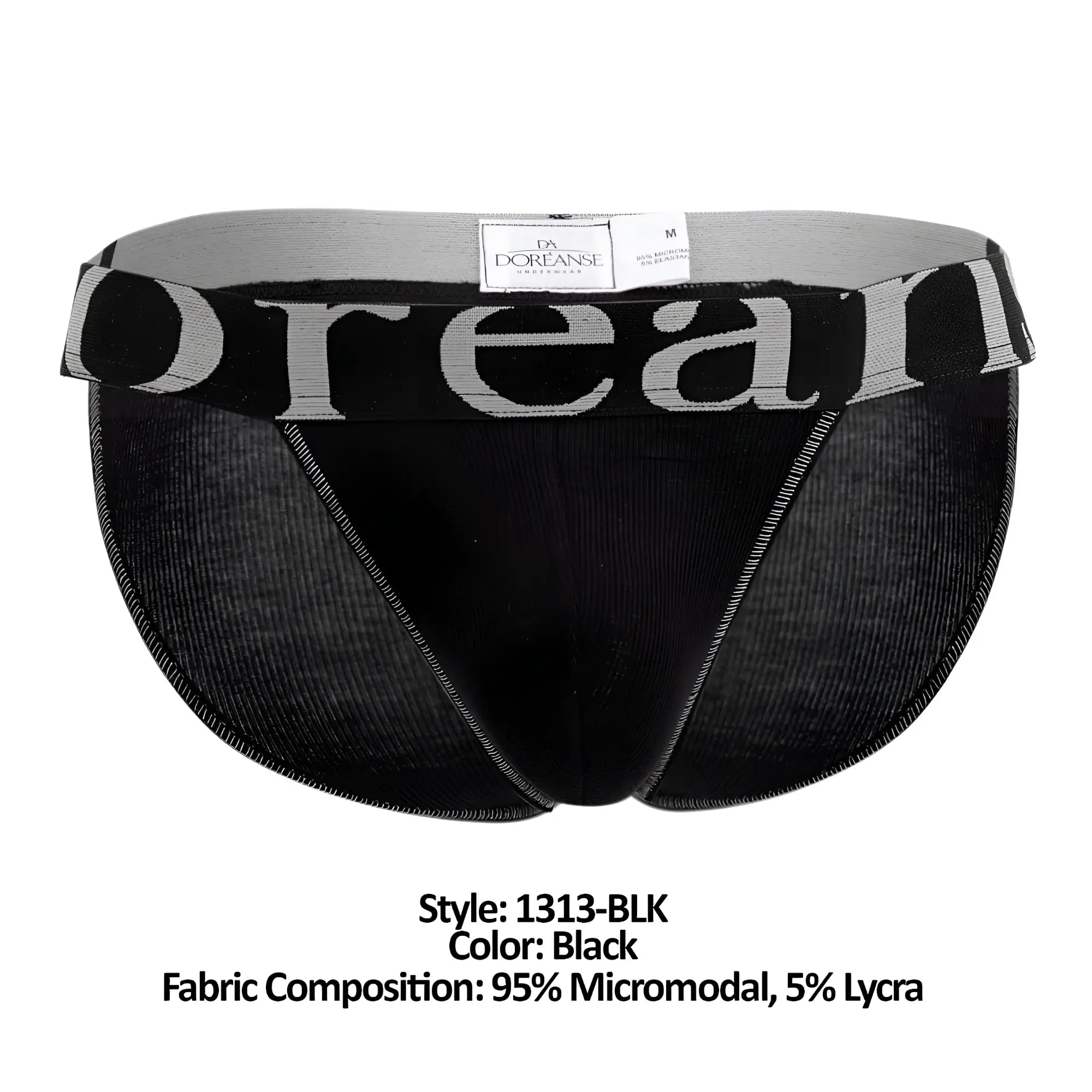 Black men’s briefs doreanse 1313-blk ribbed micromodal bikini with gray waistband and doreanse logo made of 95% micromodal 5% lycra