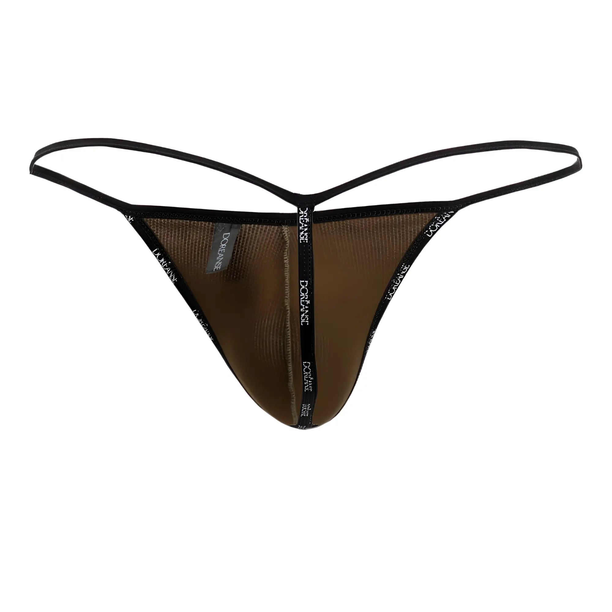 Brown mesh thong with black elastic trim and doriane branding from doreanse 1326 cam flashy g string camotech