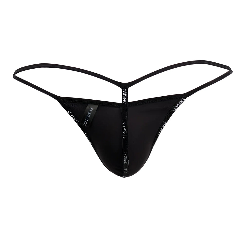 Black doreanse 1326-mic flashy g-string with thin adjustable straps and white doriane logo band in micrology fabric