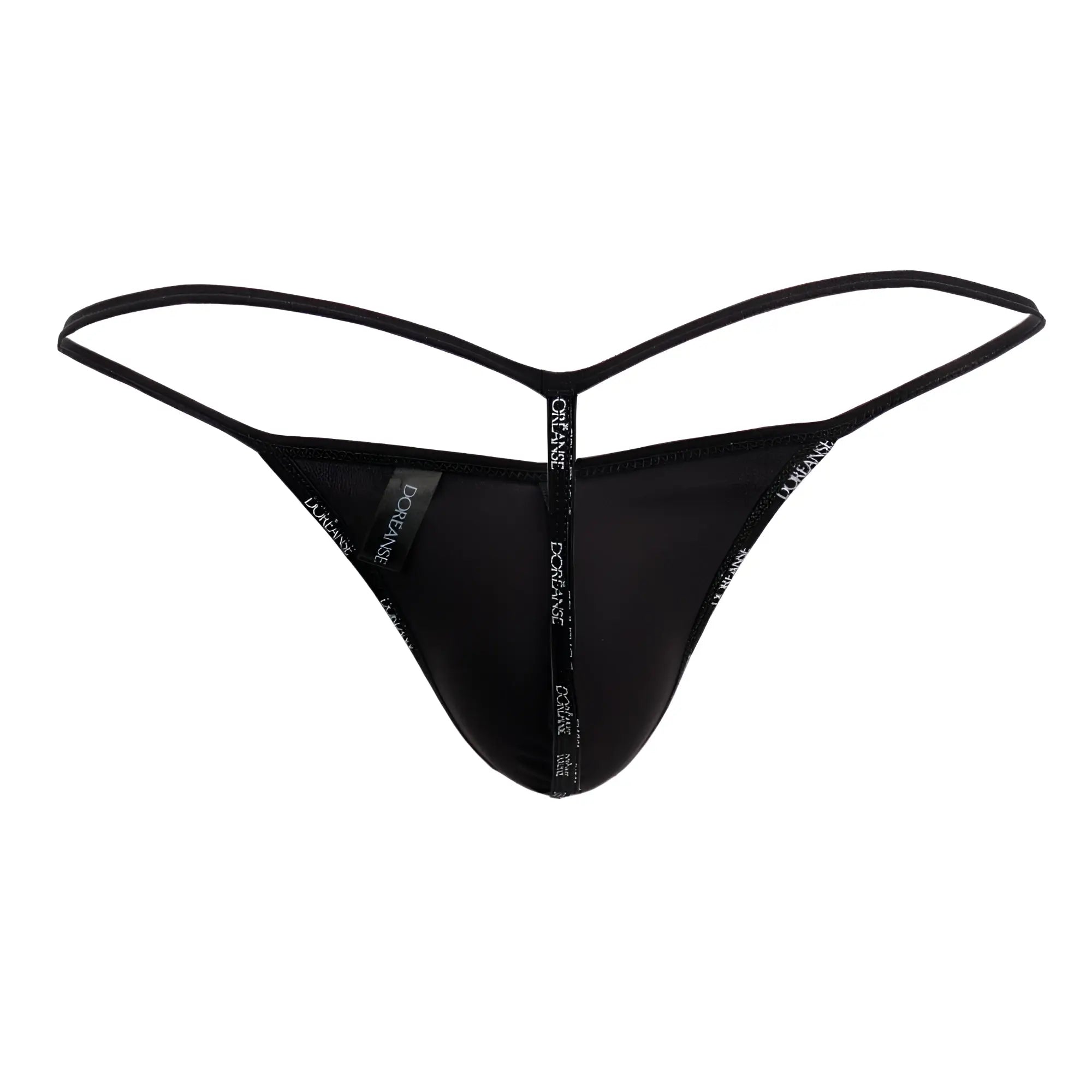 Black doreanse 1326-mic flashy g-string with thin adjustable straps and white doriane logo band in micrology fabric