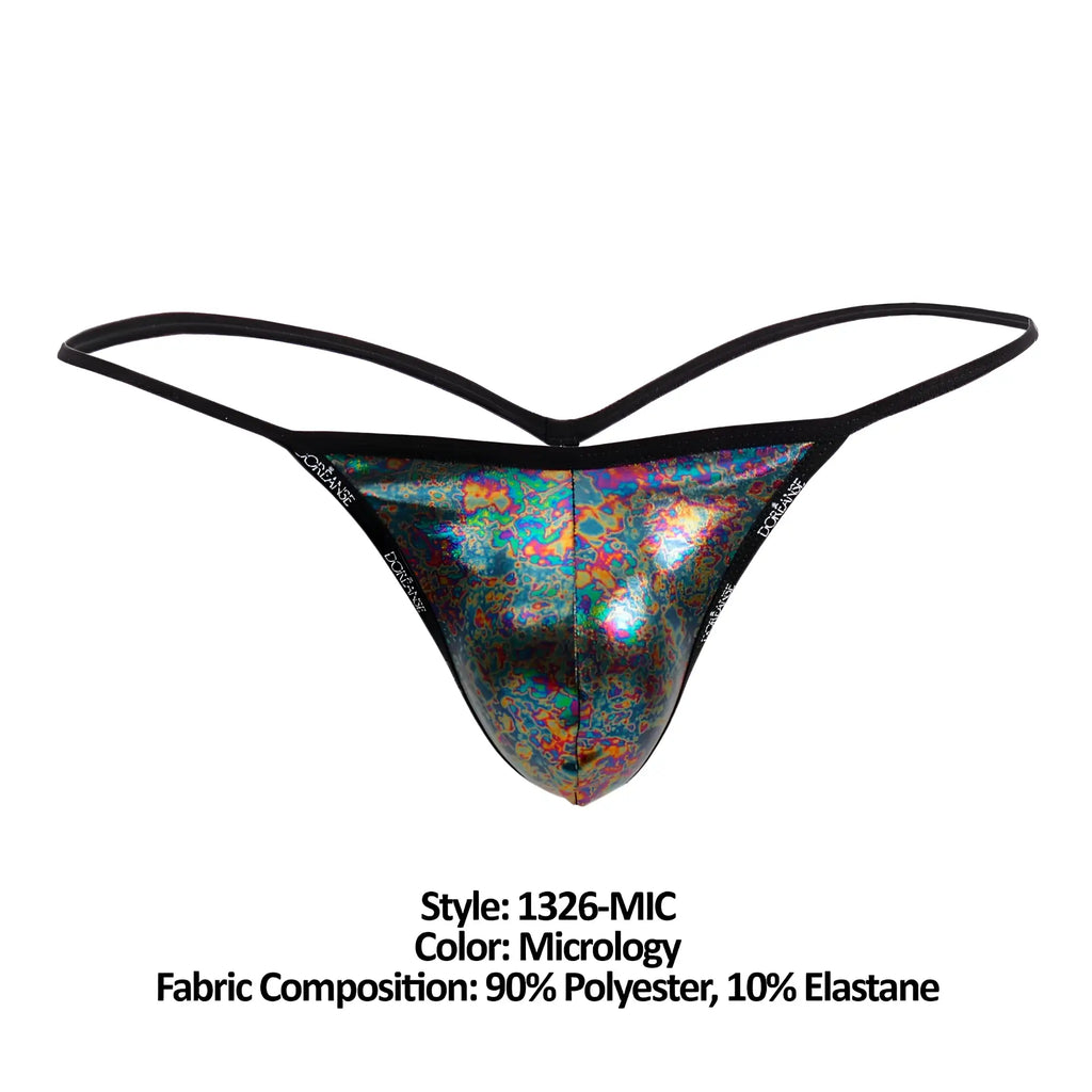 Doreanse 1326-MIC flashy g-string with iridescent micrology pattern and black elastic straps in a sleek design