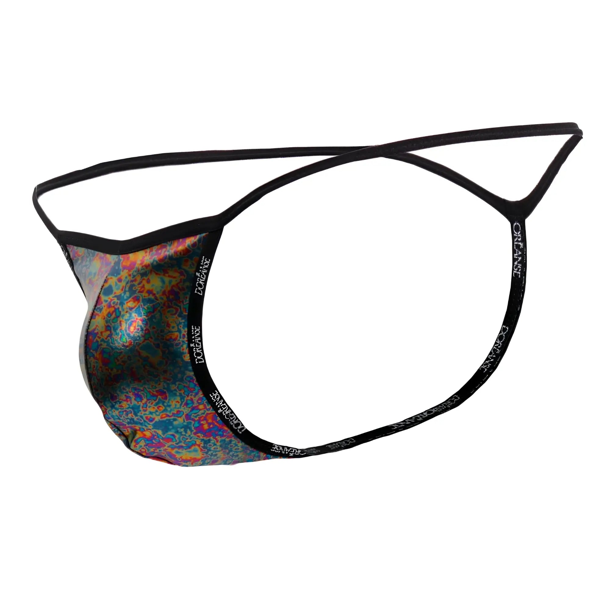 Vibrant iridescent rainbow patterned dorense 1326 mic flashy g string with black elastic bands and doriane branding