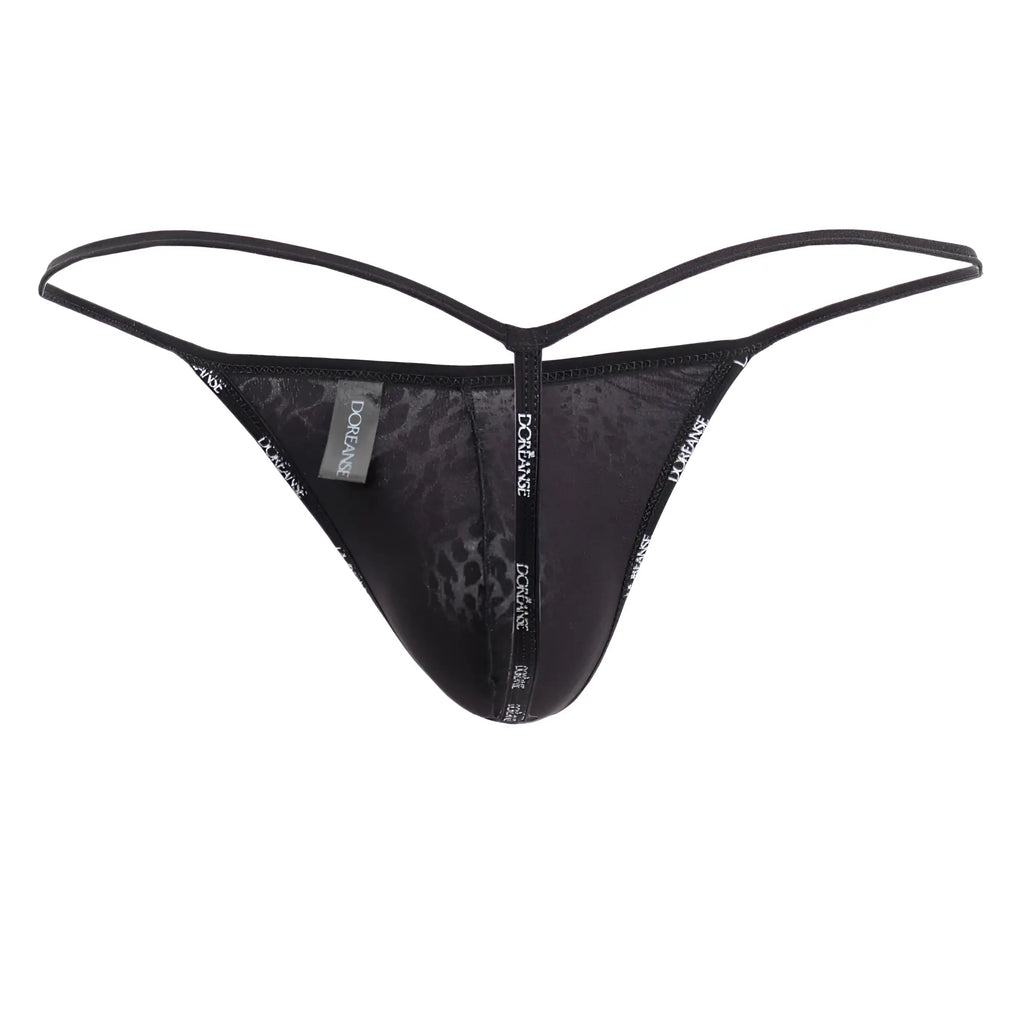 Black leopard-print thong g-string with thin adjustable straps and branded tag by Doreanse in black panther color