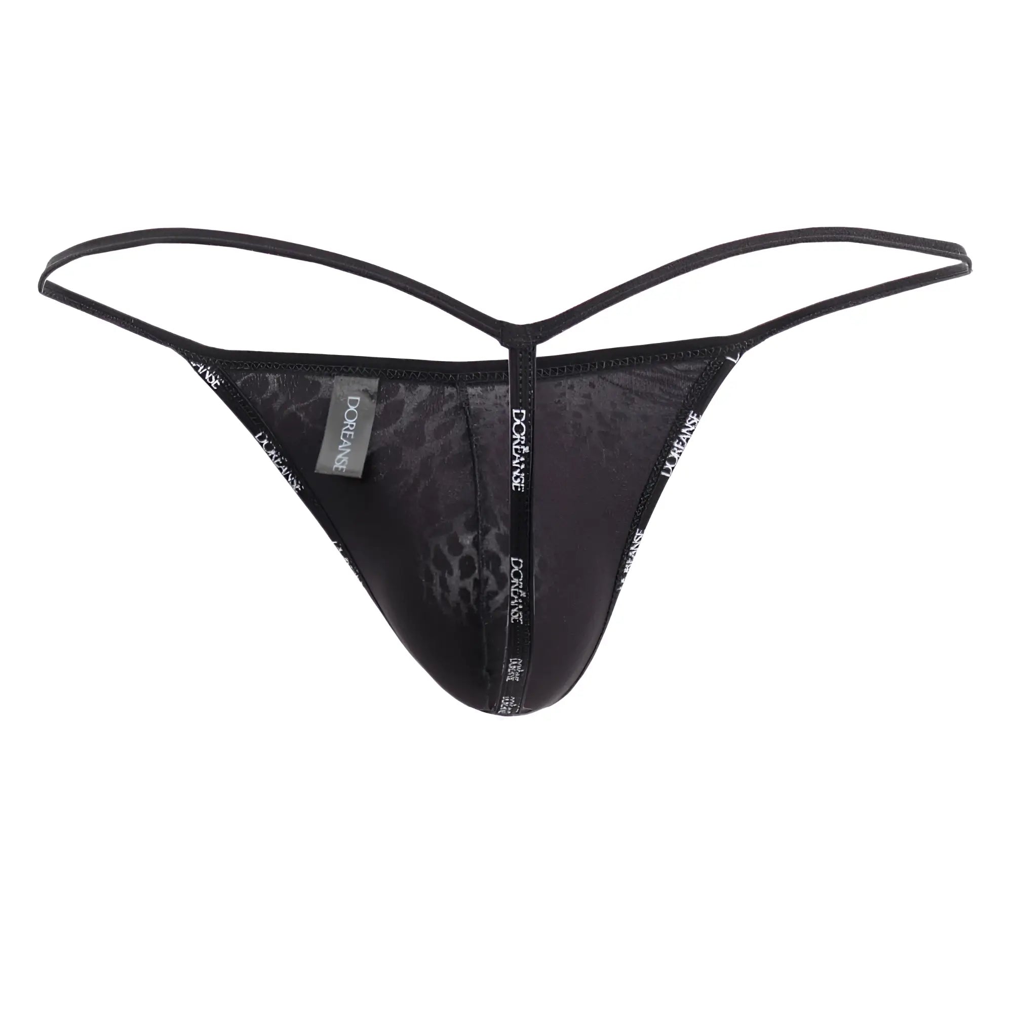 Black leopard-print thong g-string with thin adjustable straps and branded tag by Doreanse in black panther color
