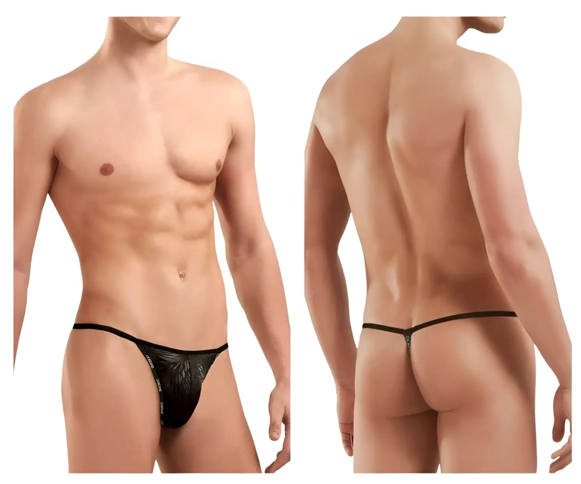 Black thong g-string by doreanse 1326-pan flash with subtle tropical leaf pattern and thin elastic waistband in black panther