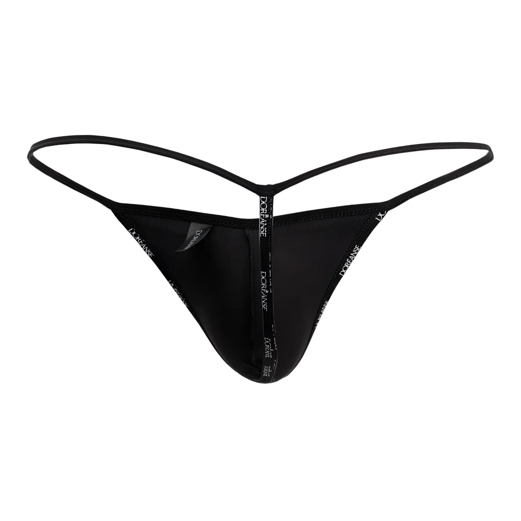 Black thong with thin elasticated straps and white dochanse logo seam in royal blue doreanse 1326-RBL flashy g-string