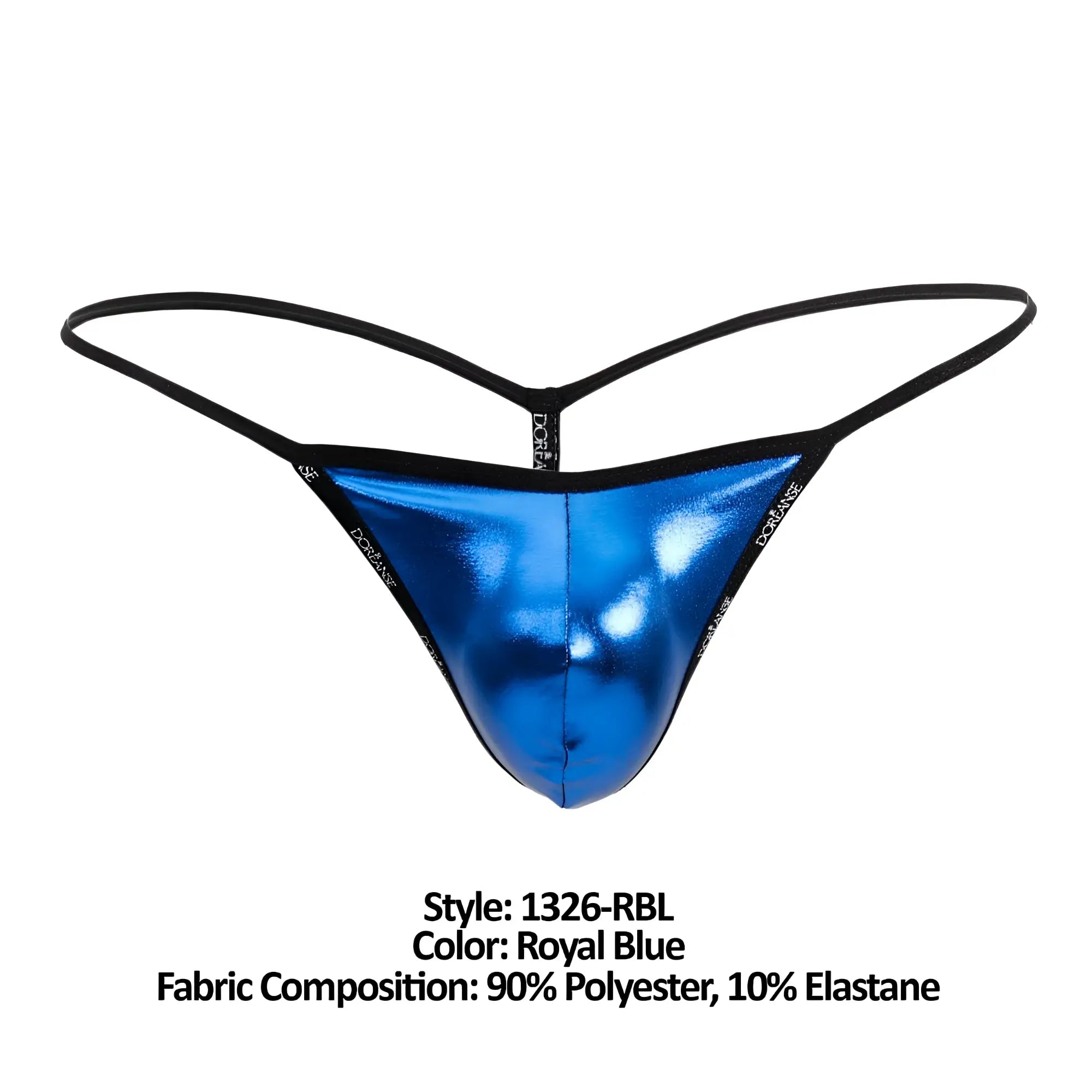 Royal blue metallic thong g-string with black elastic straps and doriane branding from doreanse 1326-rbl flashy line