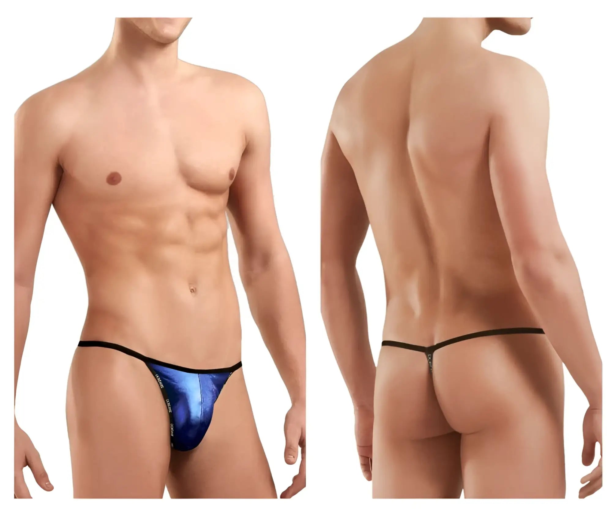 Doreanse 1326-rbl flashy g-string royal blue metallic thong with black trim showcasing front side design