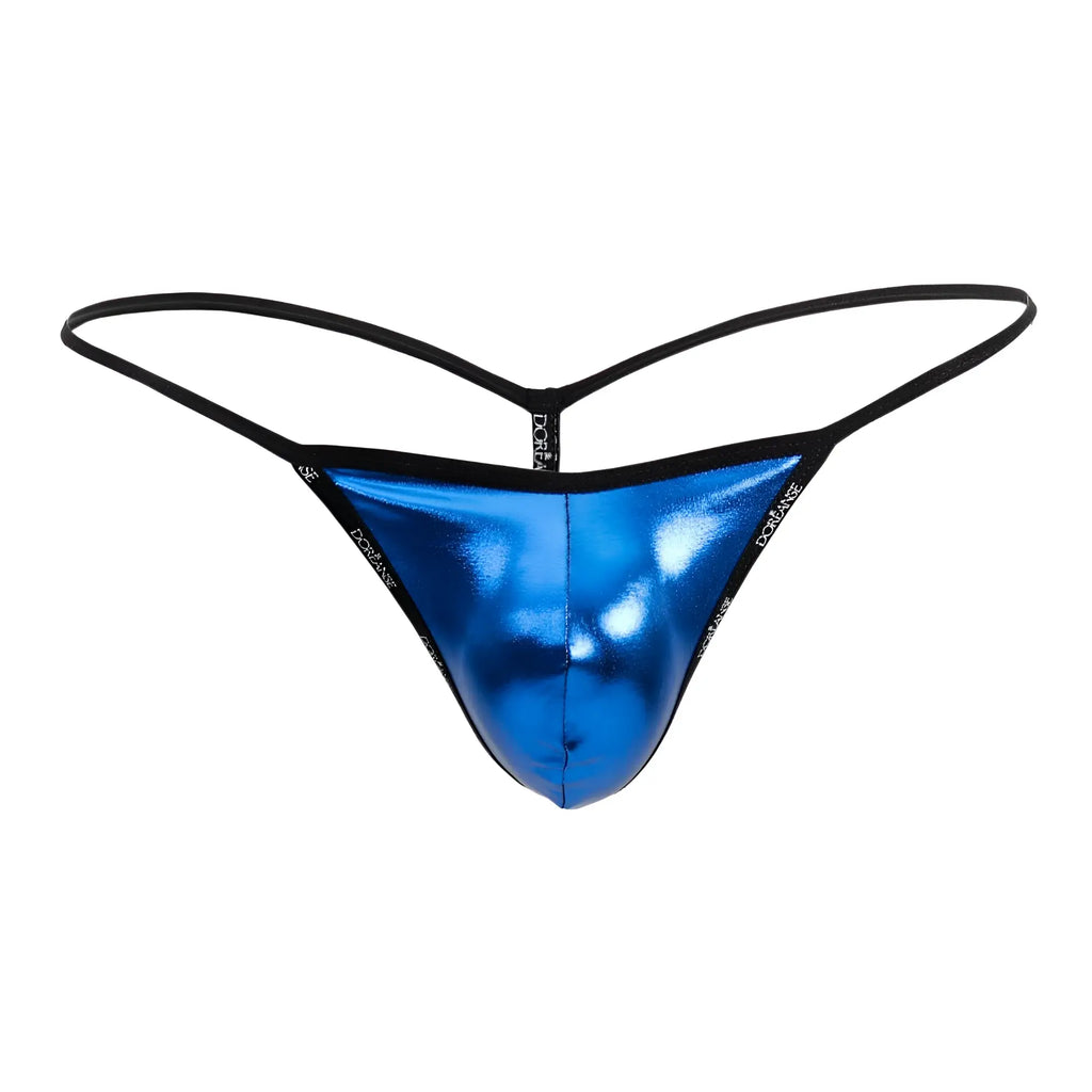 Shiny blue metallic thong g-string with black elastic straps and doreanse logo edges in royal blue color