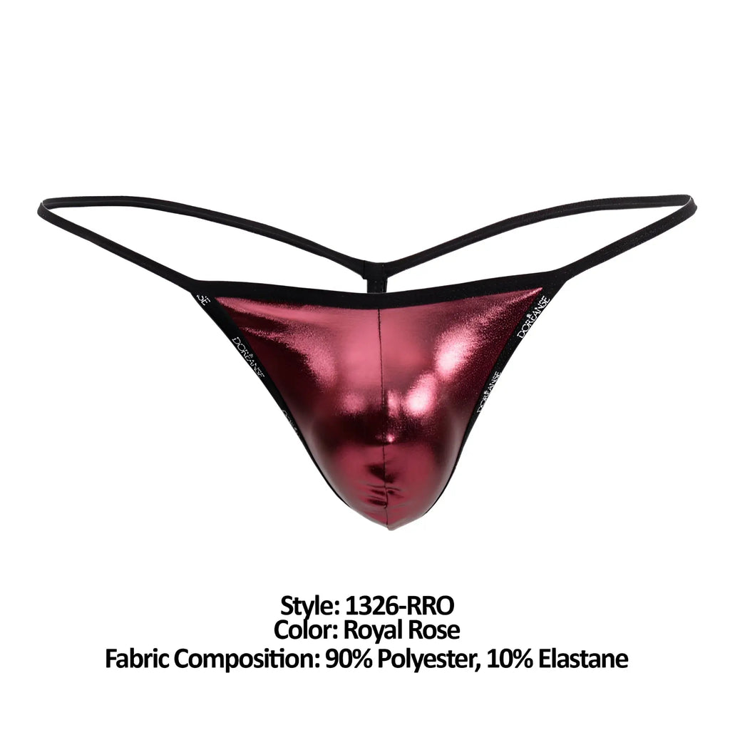 Doreanse 1326-rro flashy g-string royal rose metallic thong with black elastic trim shown from the back side