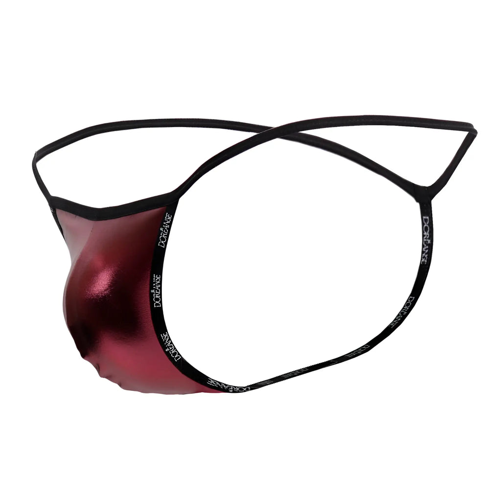 A shiny metallic red thong with black elastic bands and doriane branding from doreanse 1326-rro flashy g-string royal rose
