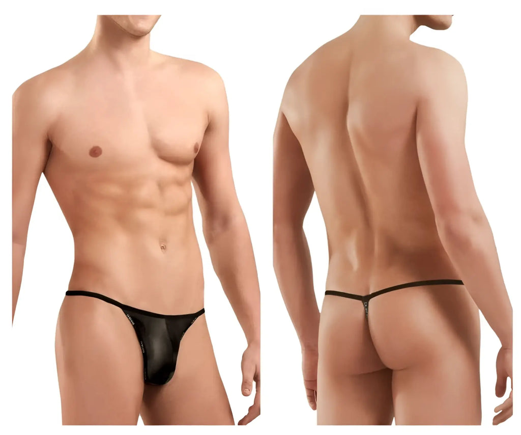 Back view of doreanse 1326-sbk flashy g-string black sheer thong with thin elastic waistband and small metallic clasp